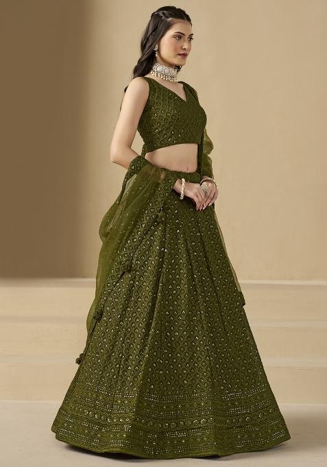 Mehandi Green Embroidered Georgette Lehenga Set With Dupatta