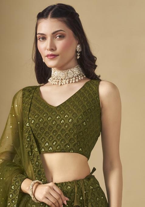 Mehandi Green Embroidered Georgette Lehenga Set With Dupatta
