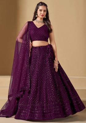 Wine Embroidered Georgette Lehenga Set With Dupatta