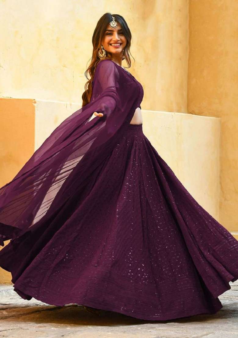 Wine With Dupatta Georgette Lehenga Set with Embroidered for Diwali | Wedding & Festive Wear - Indya