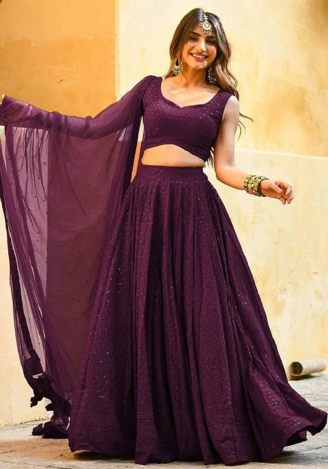 Wine Embroidered Georgette Lehenga Set With Dupatta