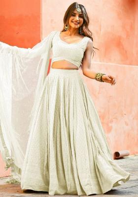 Off White Embroidered Georgette Lehenga Set With Dupatta
