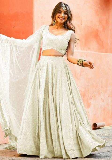 Off White Embroidered Georgette Lehenga Set With Dupatta
