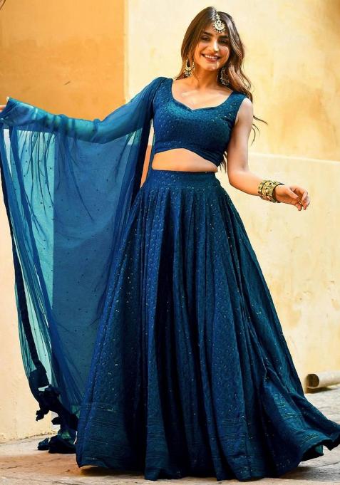 Teal Blue Embroidered Georgette Lehenga Set With Dupatta