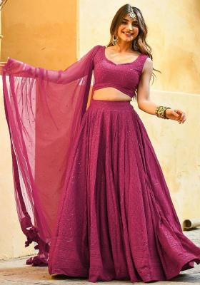 Pink Embroidered Georgette Lehenga Set With Dupatta