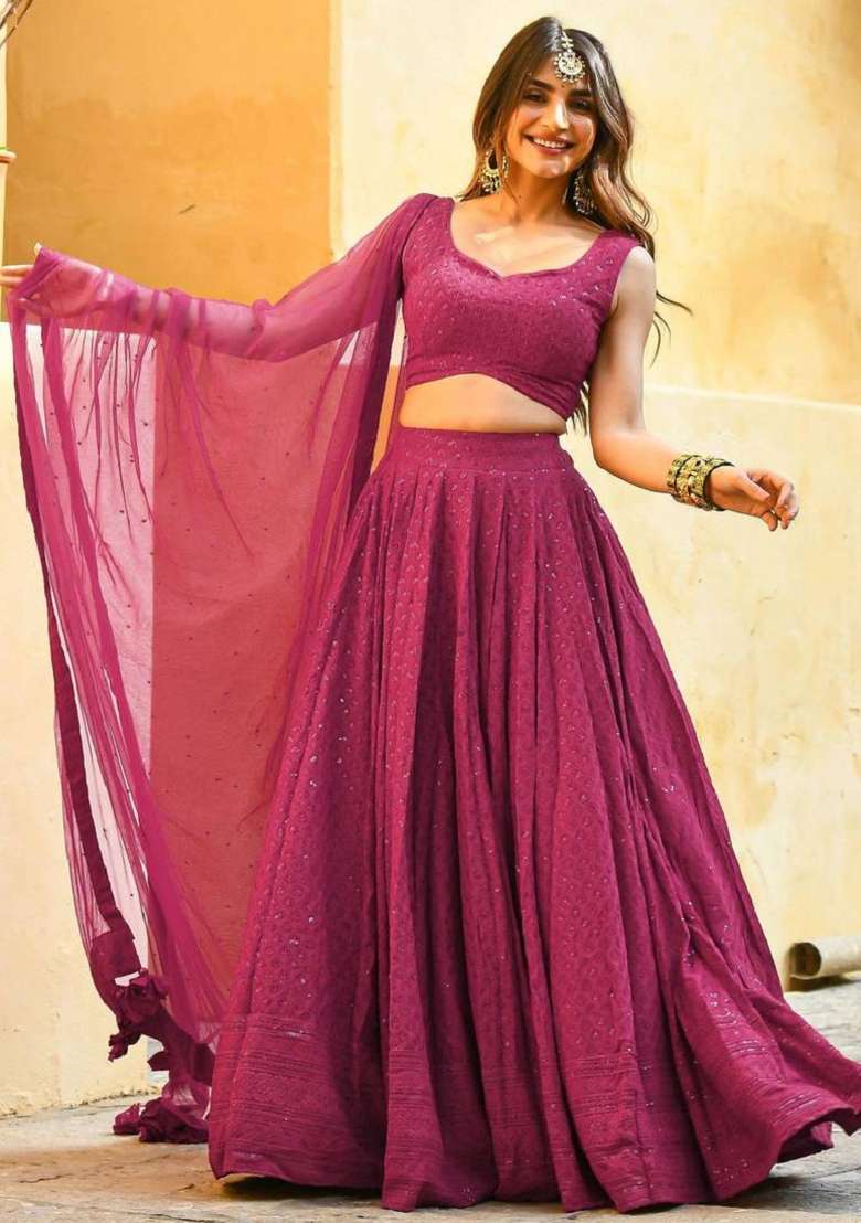 Pink Embroidered Georgette Lehenga Set With Dupatta for Diwali and Festive Wear - Indya