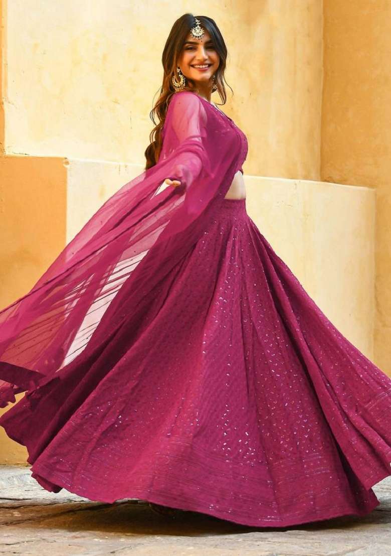 Pink Embroidered Georgette Lehenga Set With Dupatta for Diwali and Festive Wear - Indya