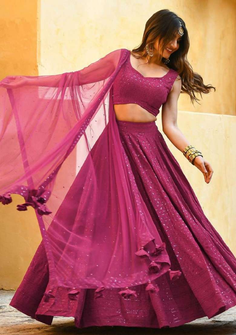 Pink Embroidered Georgette Lehenga Set With Dupatta for Diwali and Festive Wear - Indya