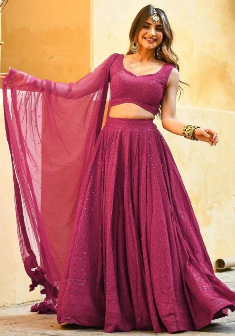 Pink Embroidered Georgette Lehenga Set With Dupatta