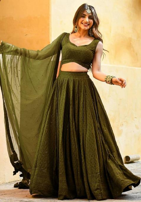 Olive Green Embroidered Georgette Lehenga Set With Dupatta