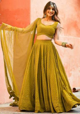 Mustard Yellow Embroidered Georgette Lehenga Set With Dupatta