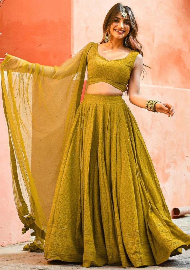 Mustard Yellow Embroidered Georgette Lehenga Set With Dupatta