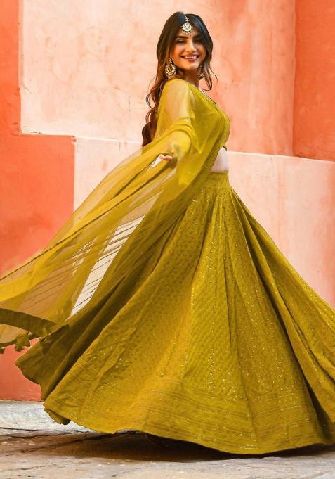 Mustard Yellow Embroidered Georgette Lehenga Set With Dupatta