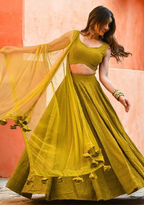 Mustard Yellow Embroidered Georgette Lehenga Set With Dupatta