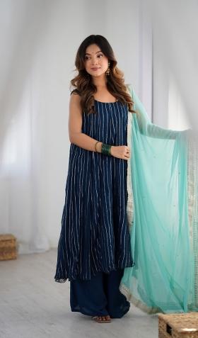 Navy Blue Striped Georgette Anarkali Set