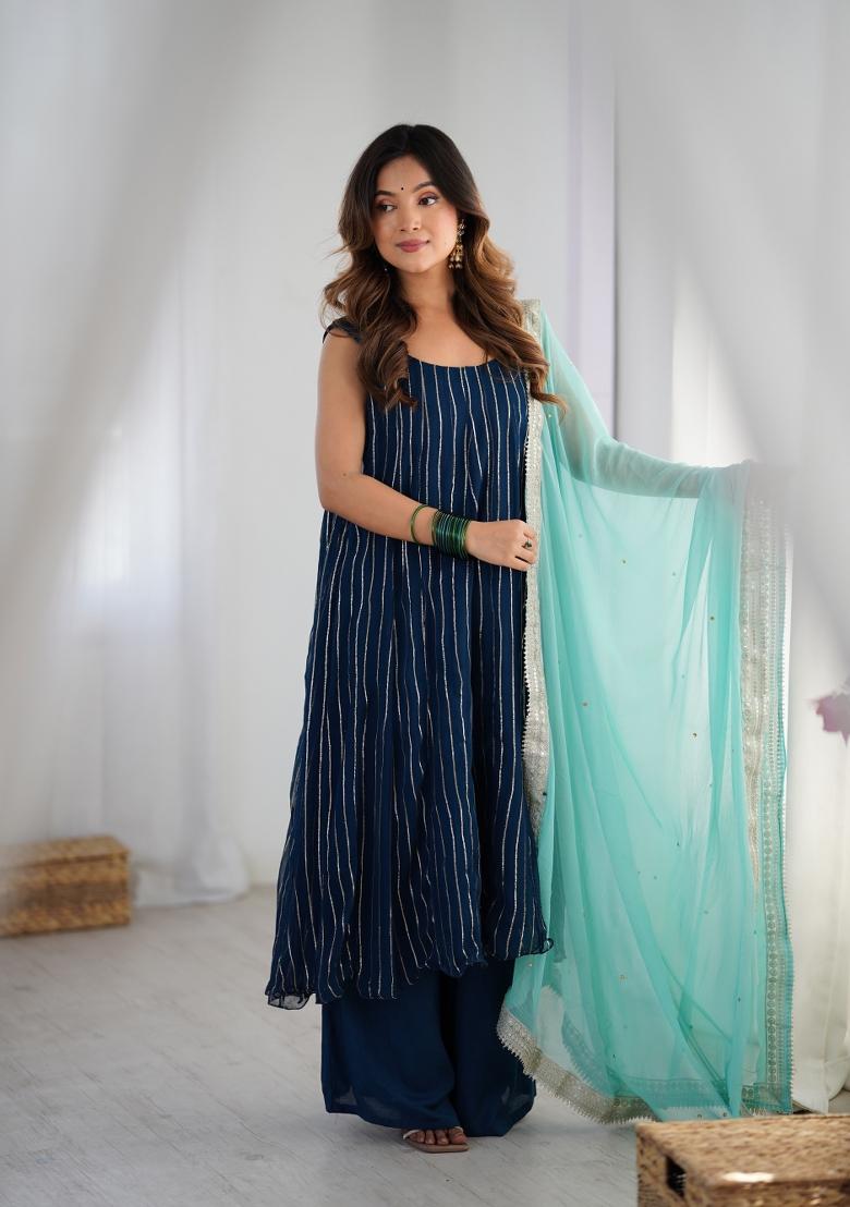 Navy Blue Striped Georgette Anarkali Set