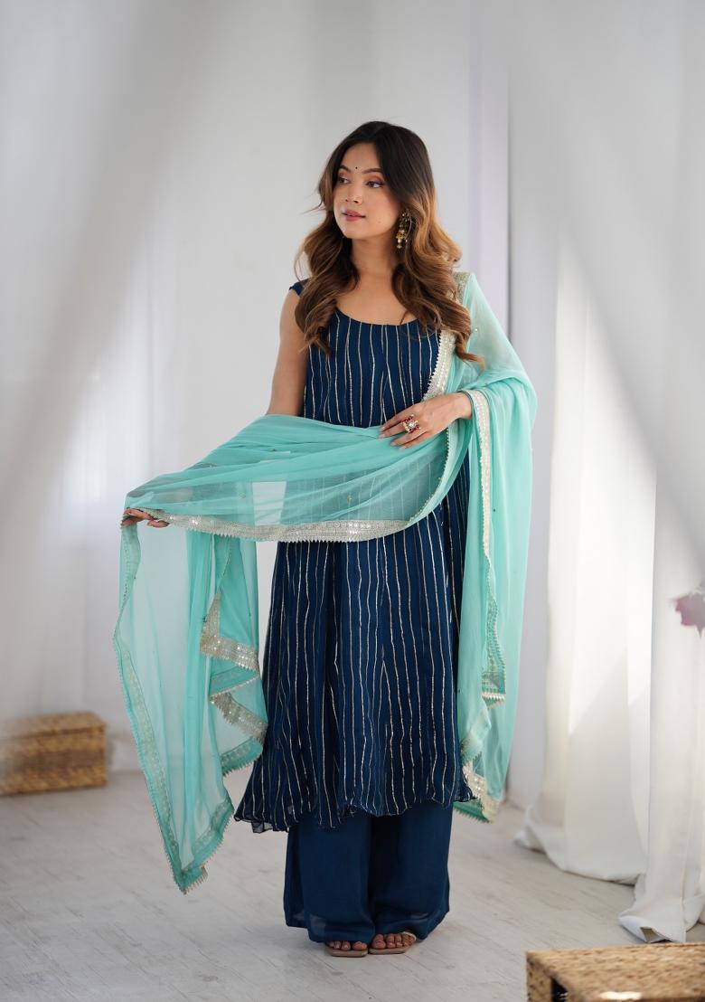 Navy Blue Striped Georgette Anarkali Set