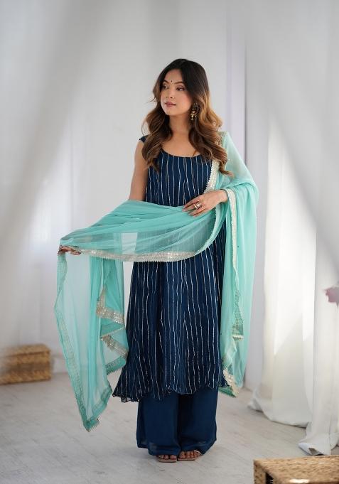 Navy Blue Striped Georgette Anarkali Set