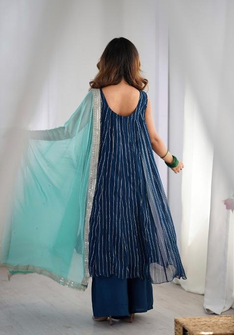 Navy Blue Striped Georgette Anarkali Set