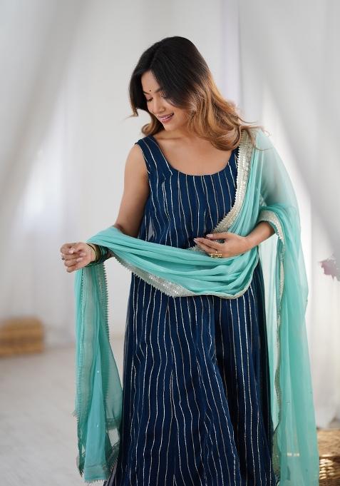 Navy Blue Striped Georgette Anarkali Set