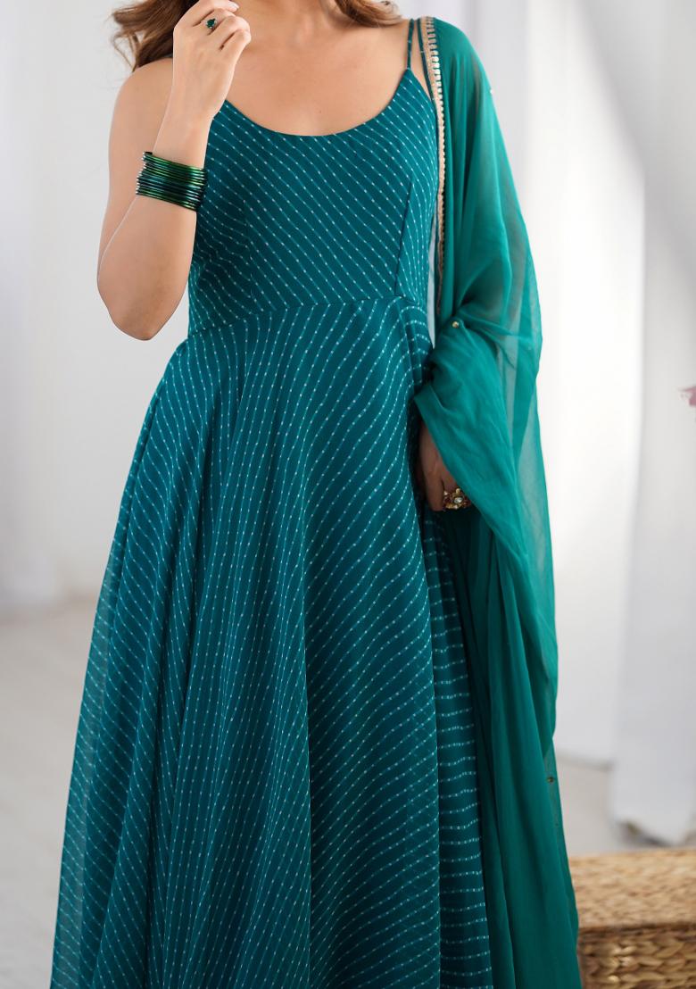 Green Leheriya Print Georgette Anarkali Set