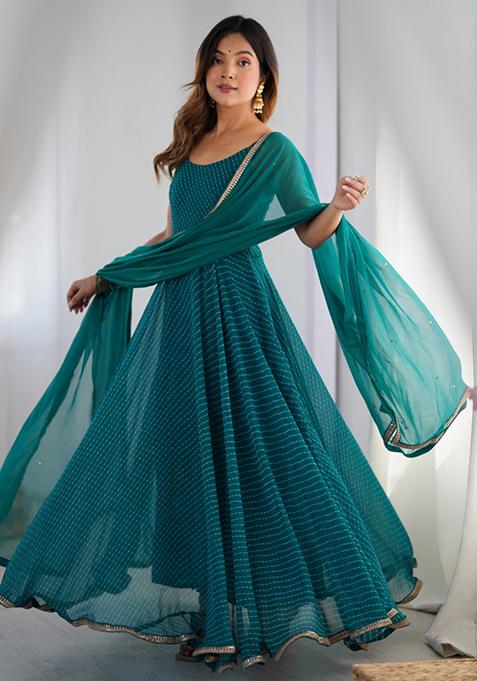 Green Leheriya Print Georgette Anarkali Set