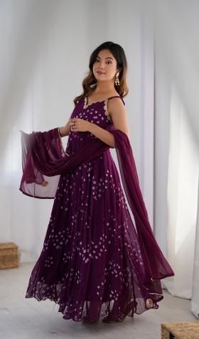 Purple Bandhani Print Chiffon Anarkali Set
