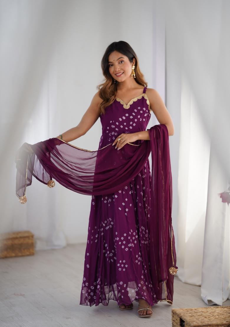 Purple Bandhani Print Chiffon Anarkali Set