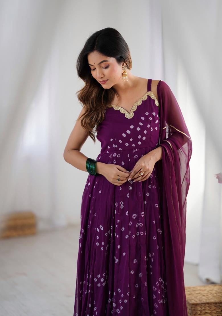 Purple Bandhani Print Chiffon Anarkali Set