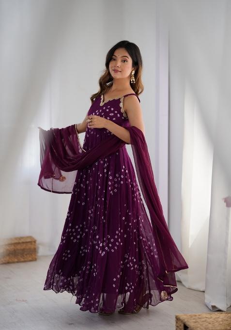 Purple Bandhani Print Chiffon Anarkali Set