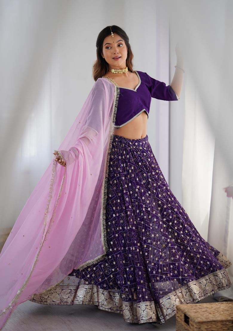 Purple Bandhani Print Georgette Lehenga Set