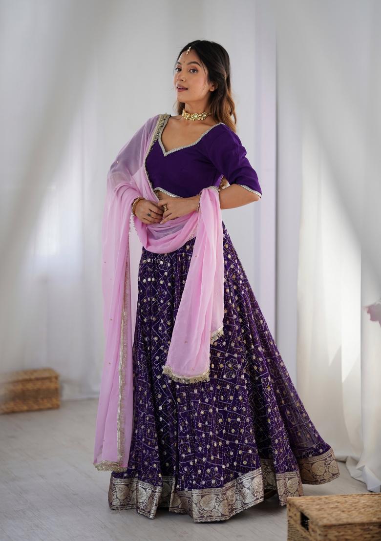 Purple Bandhani Print Georgette Lehenga Set