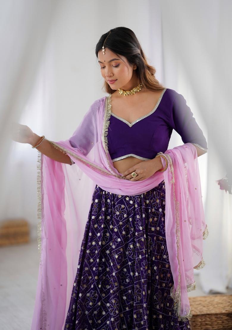 Purple Bandhani Print Georgette Lehenga Set