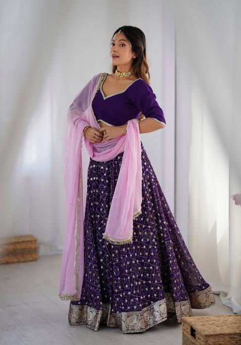 Purple Bandhani Print Georgette Lehenga Set