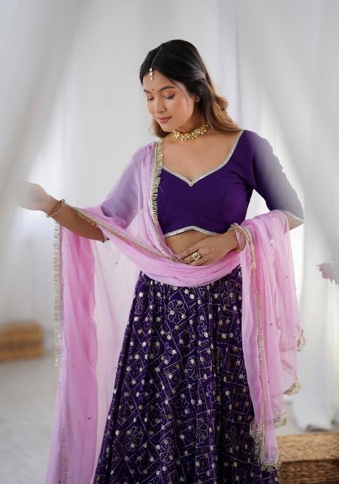 Purple Bandhani Print Georgette Lehenga Set