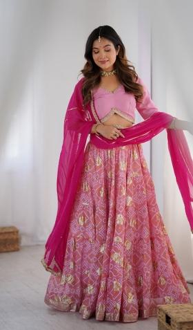 Pink Bandhani Print Georgette Lehenga Set