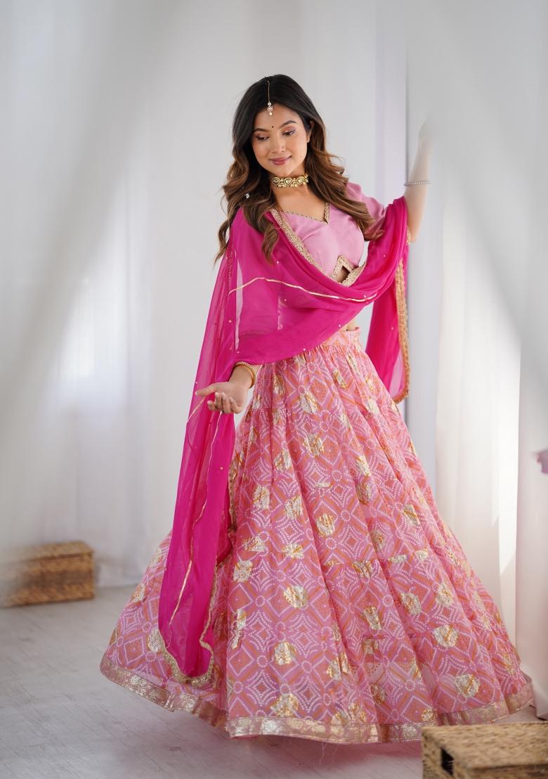 Pink Bandhani Print Georgette Lehenga Set
