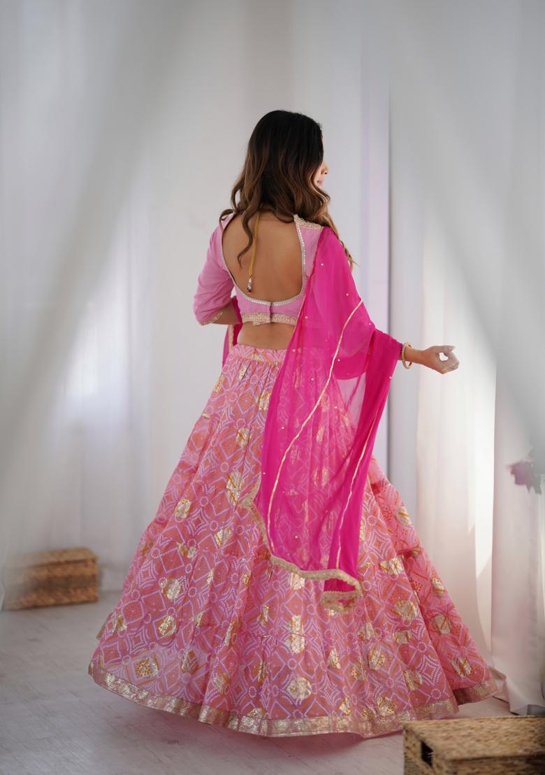 Pink Bandhani Print Georgette Lehenga Set