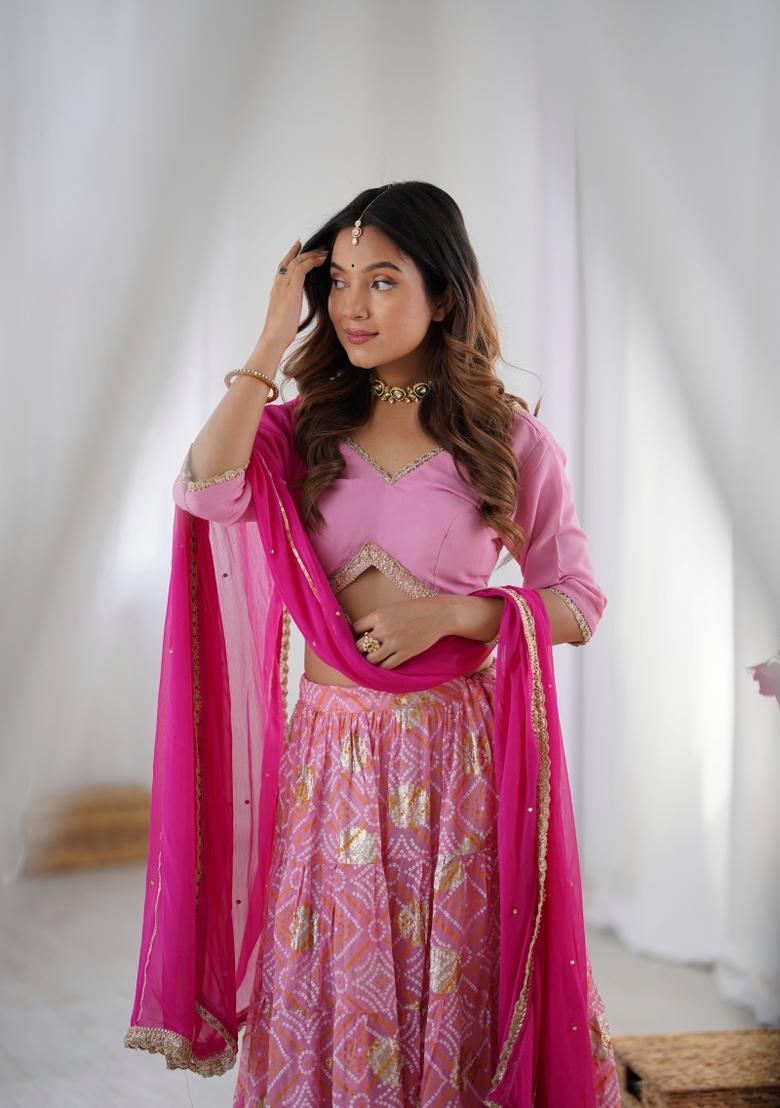 Pink Bandhani Print Georgette Lehenga Set