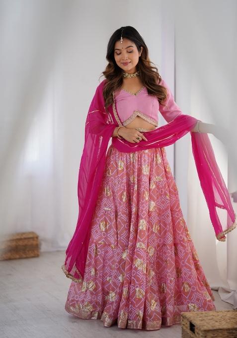 Pink Bandhani Print Georgette Lehenga Set