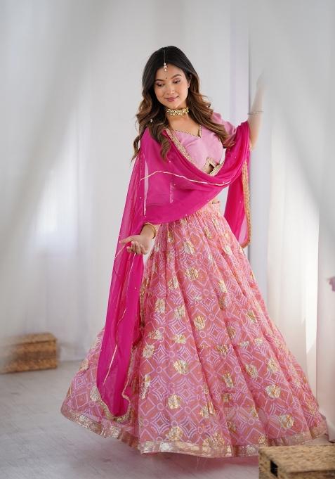 Pink Bandhani Print Georgette Lehenga Set