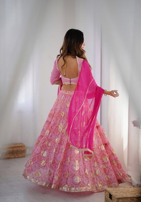 Pink Bandhani Print Georgette Lehenga Set