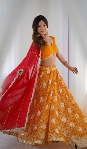 Yellow Bandhani Print Georgette Lehenga Set