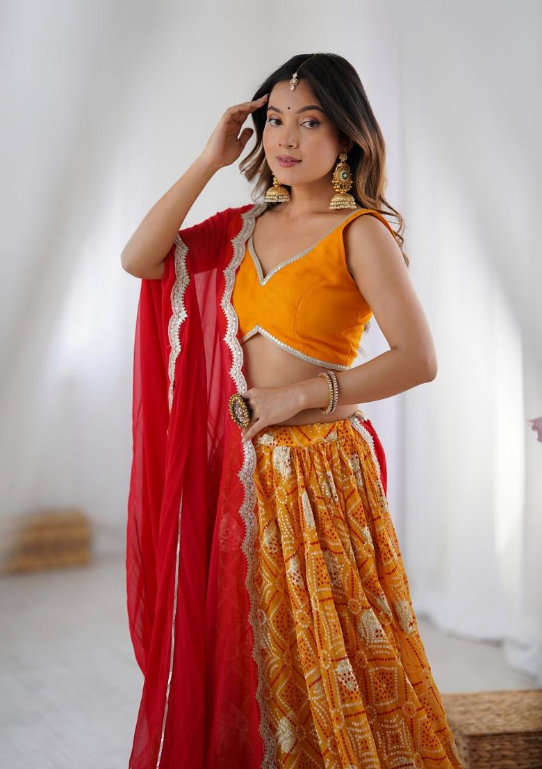 Yellow Bandhani Print Georgette Lehenga Set