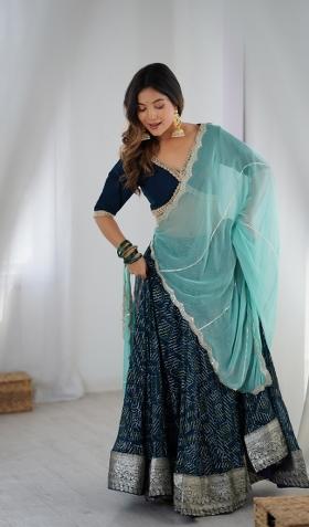 Blue Printed Georgette Lehenga Set