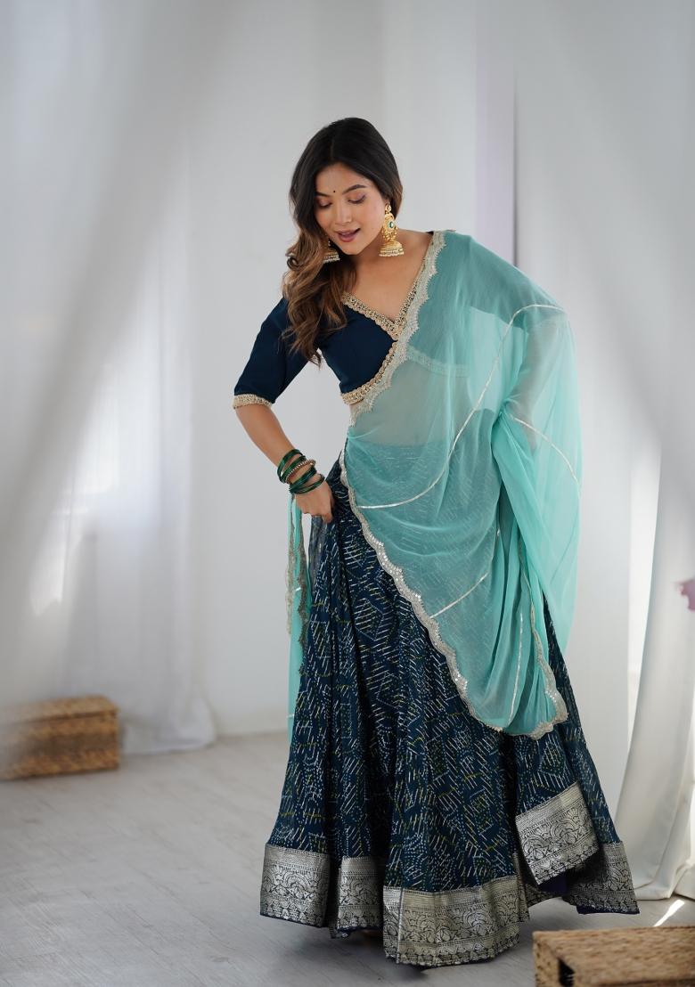 Blue Printed Georgette Lehenga Set