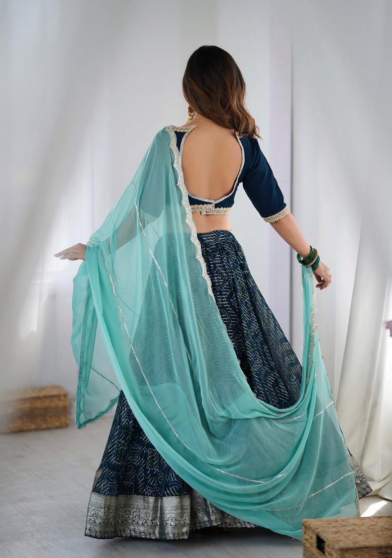 Blue Printed Georgette Lehenga Set