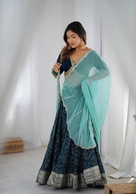 Blue Printed Georgette Lehenga Set