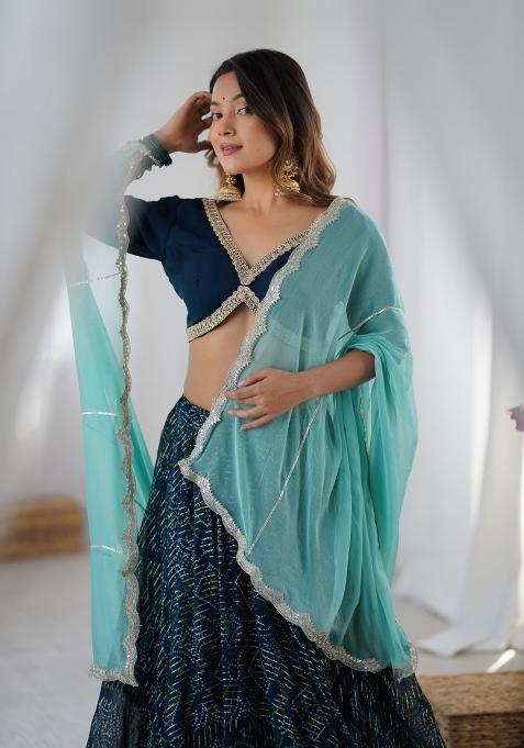 Blue Printed Georgette Lehenga Set