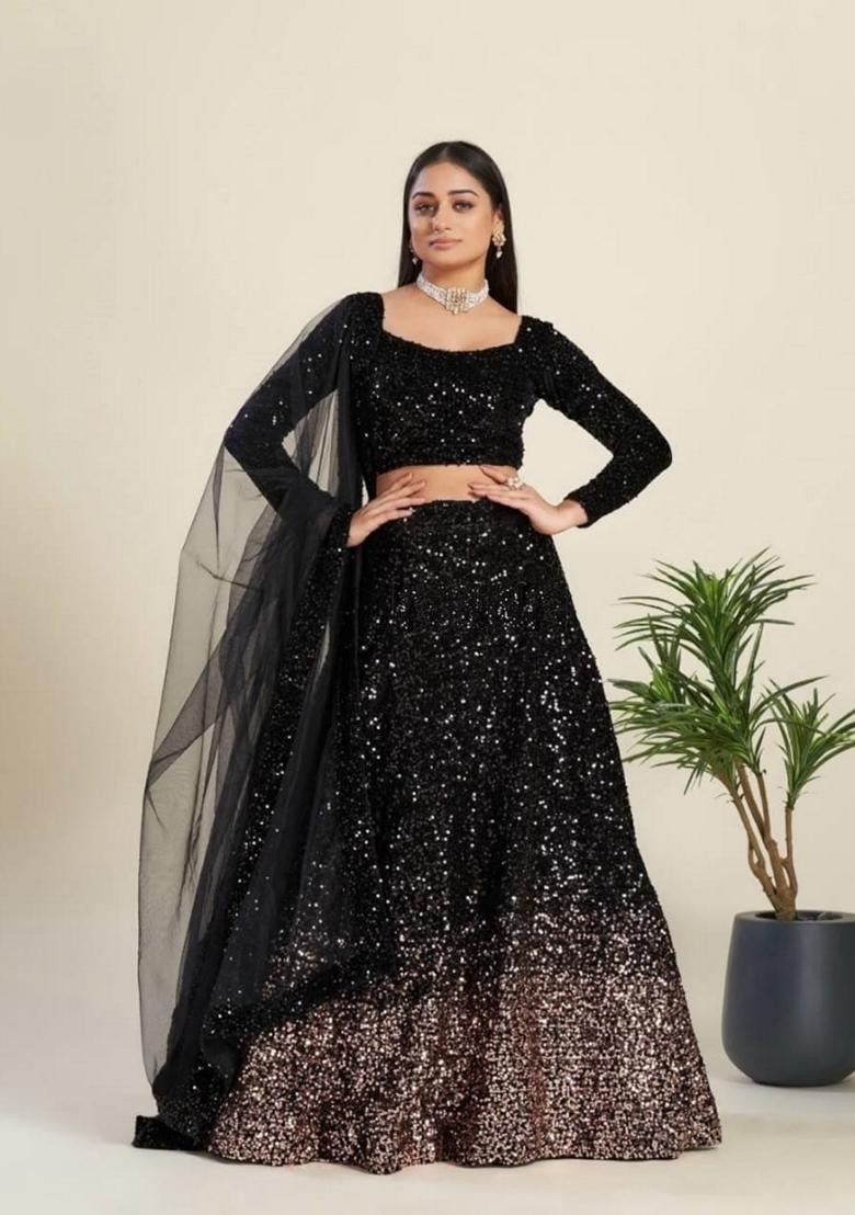 Black Heavy Sequence Work Georgette Lehenga Set With Dupatta